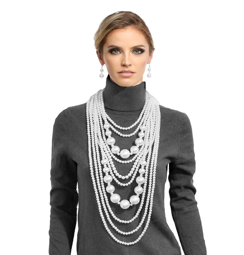Fashion 21 Women's Chunky Multi-Strand Faux Pearl Statement Necklace and Earrings Set (White - Style B) - Image 3